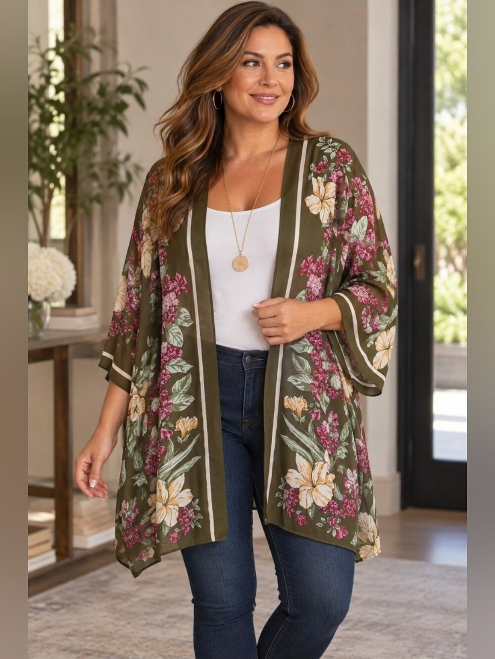 Max Studio Olive Floral Open-Front Duster
